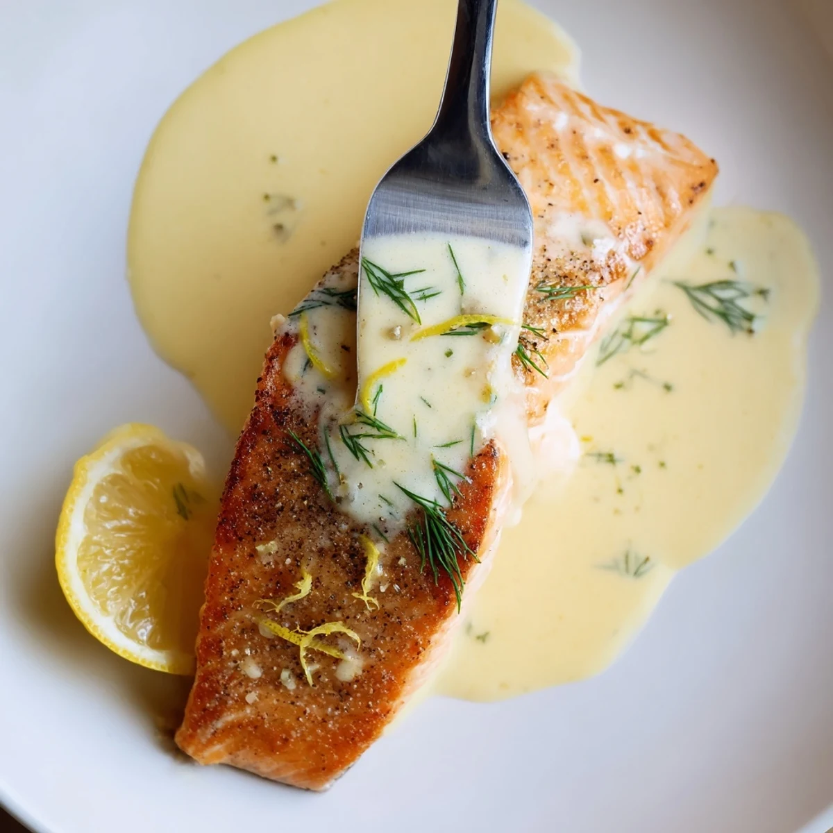 Pan-seared Salmon With Lemon Cream Sauce, glossy sauce spooned over fillet