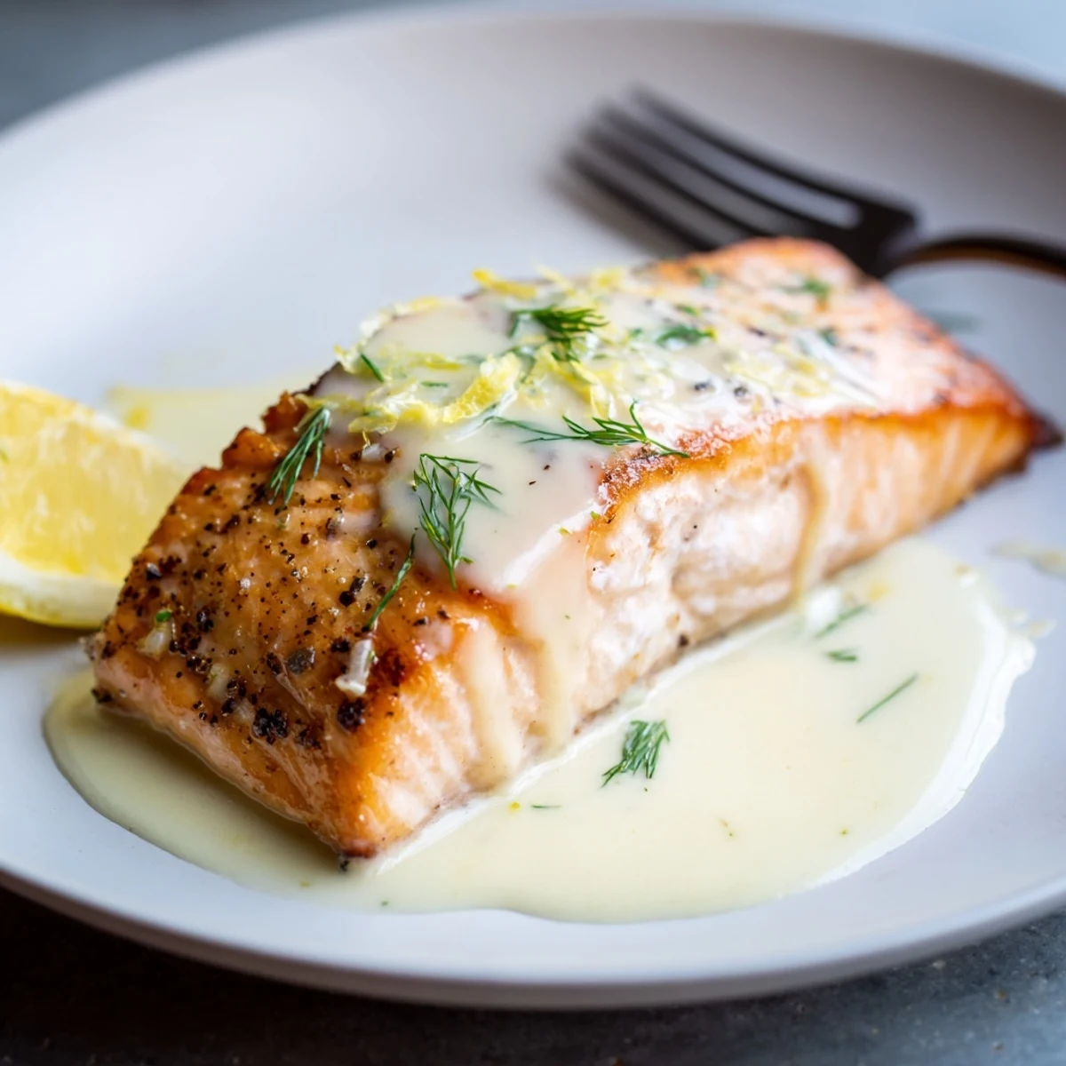 Skillet-cooked Salmon With Lemon Cream Sauce, warm cream pooling around flaky fillets