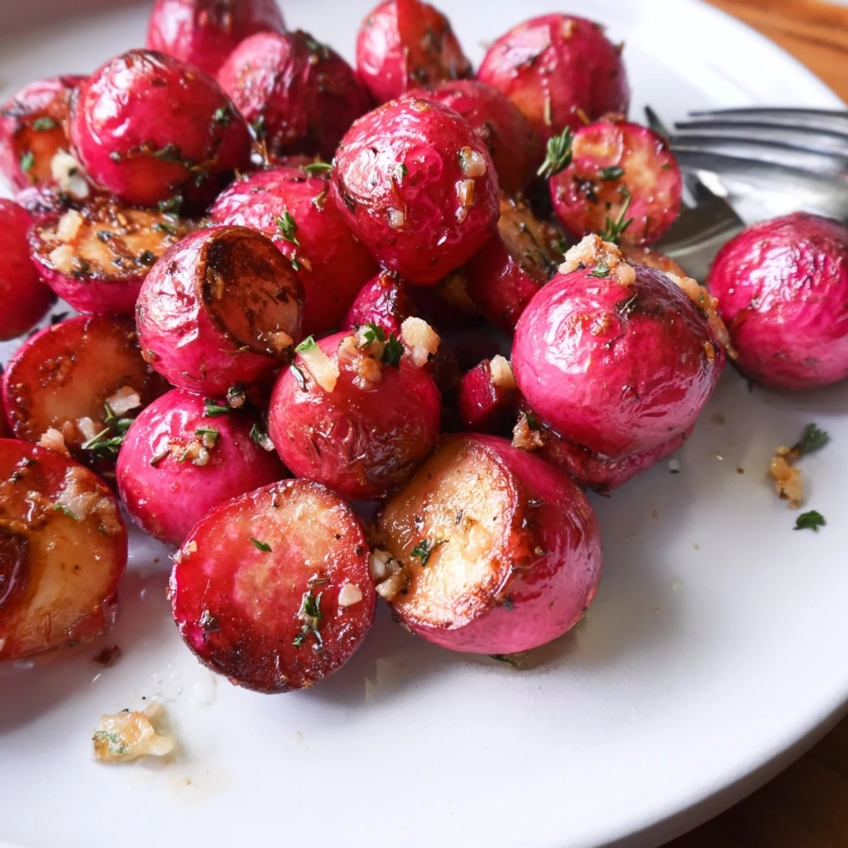 Garlic Roasted Radishes: golden, crisp-tender halves glistening with olive oil and parsley