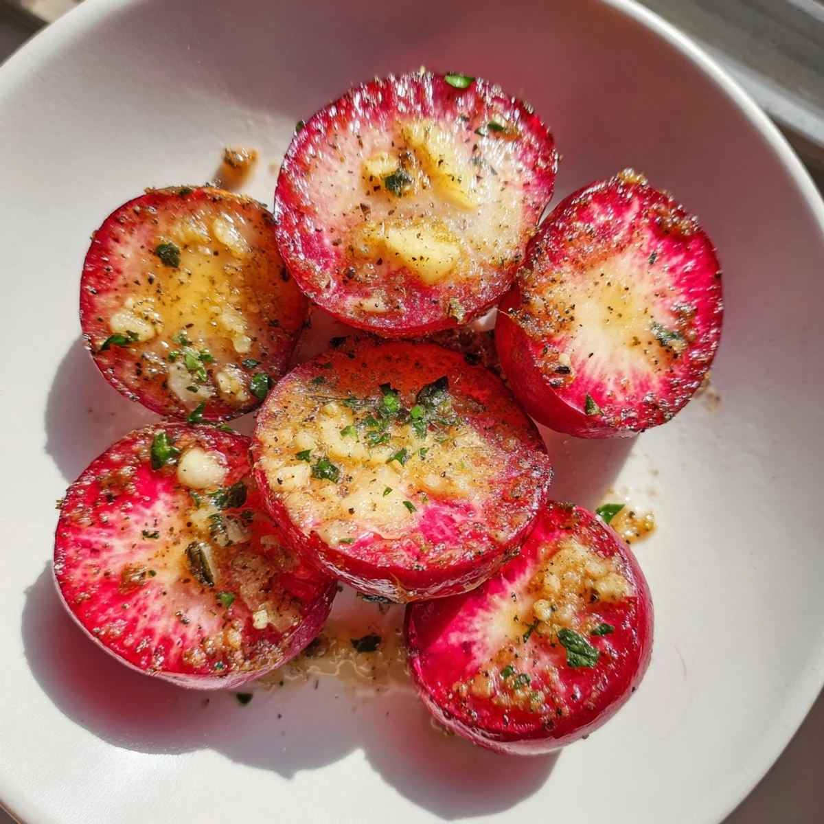 Oven-browned Garlic Roasted Radishes offering mellow sweetness and warm, garlicky aroma