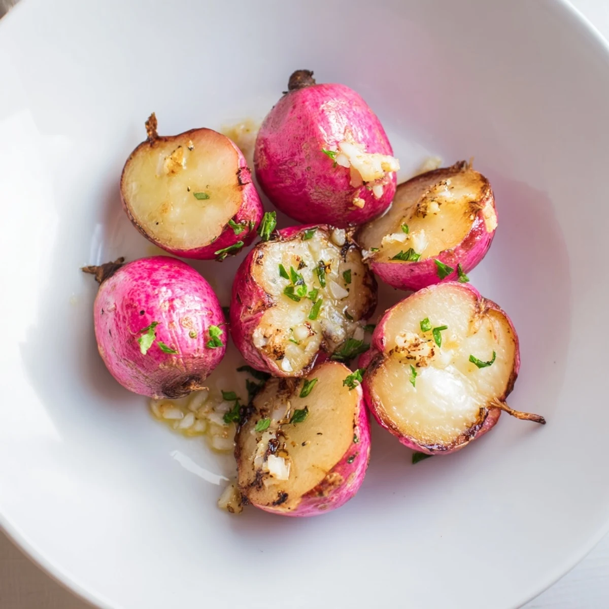 Serve warm Garlic Roasted Radishes beside roast chicken; fork-tender, herb-sprinkled bites