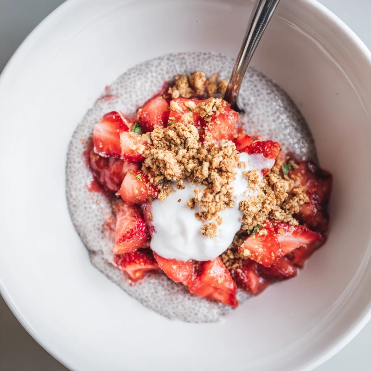Creamy Strawberry Crumble Chia Pudding layered in jars, topped with golden oat crumble