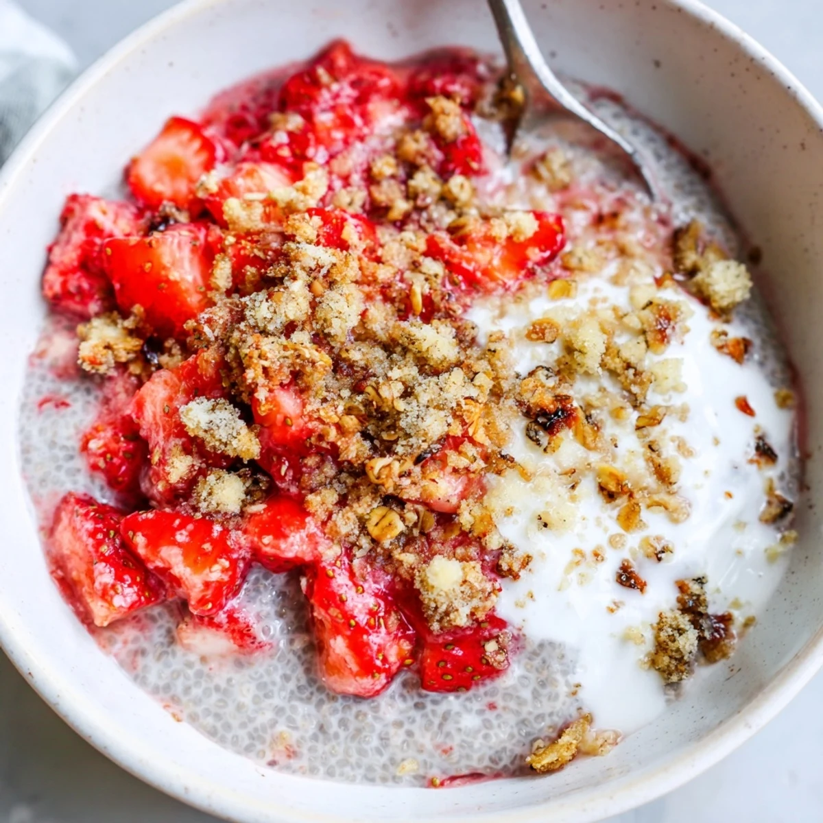 Easy Strawberry Crumble Chia Pudding served for breakfast with fresh mint garnish