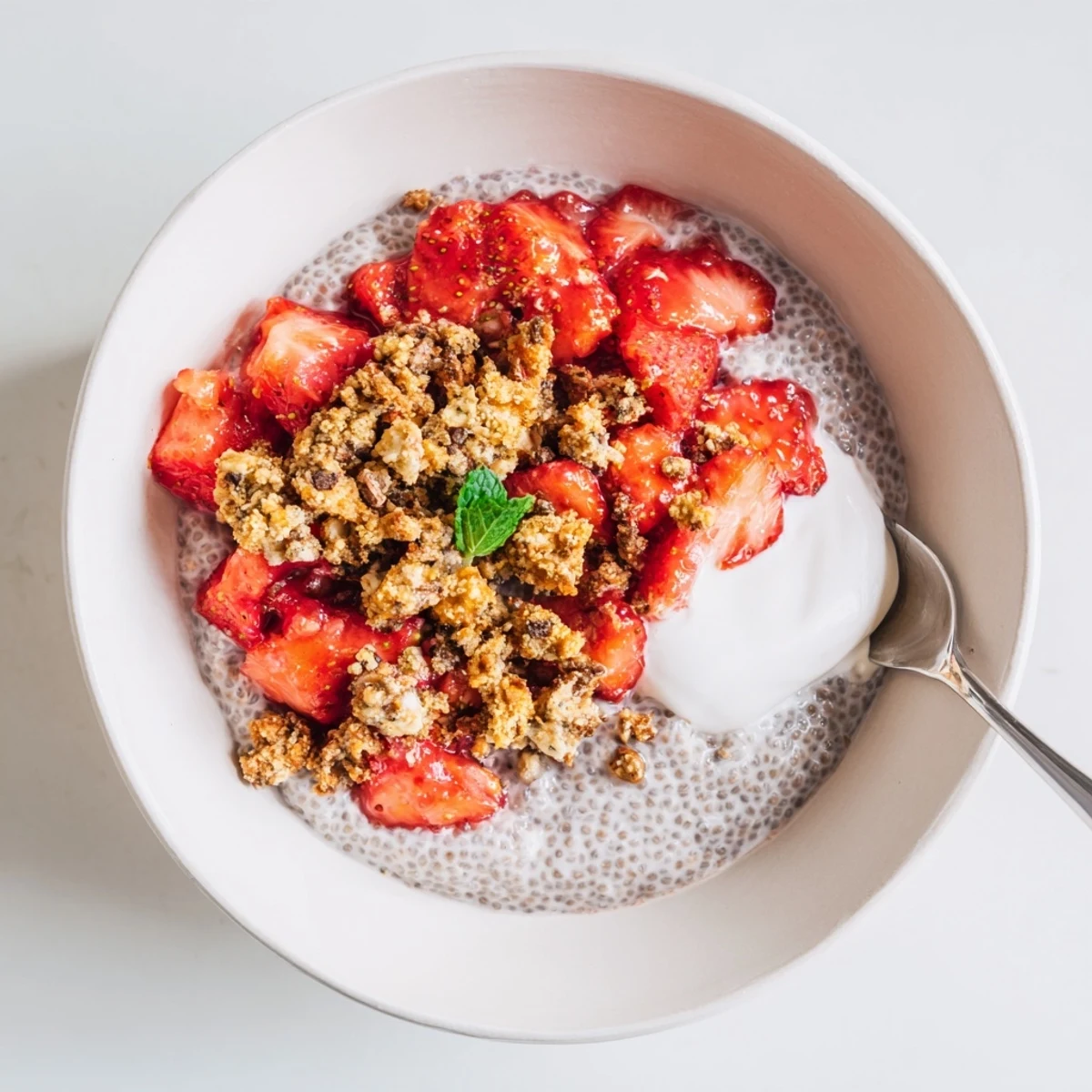 Individual Strawberry Crumble Chia Pudding parfaits chilled, bright berries and crunchy topping
