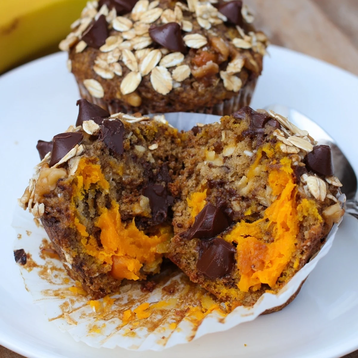 Breakfast plate with Butternut Squash Banana Muffins, nuts sprinkled, cozy morning