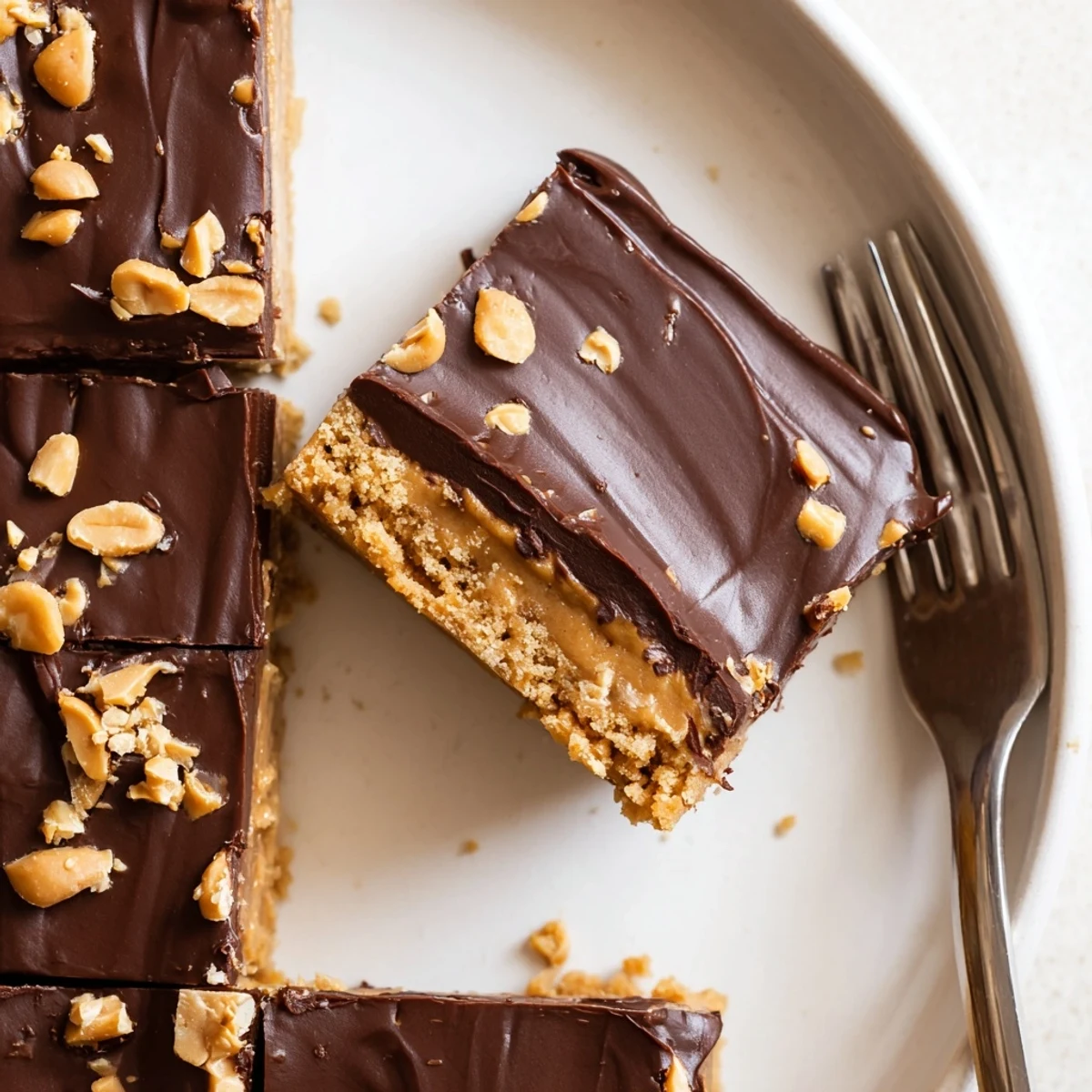 Peanut Butter Bars set on parchment, glossy chocolate top, chilled and cut