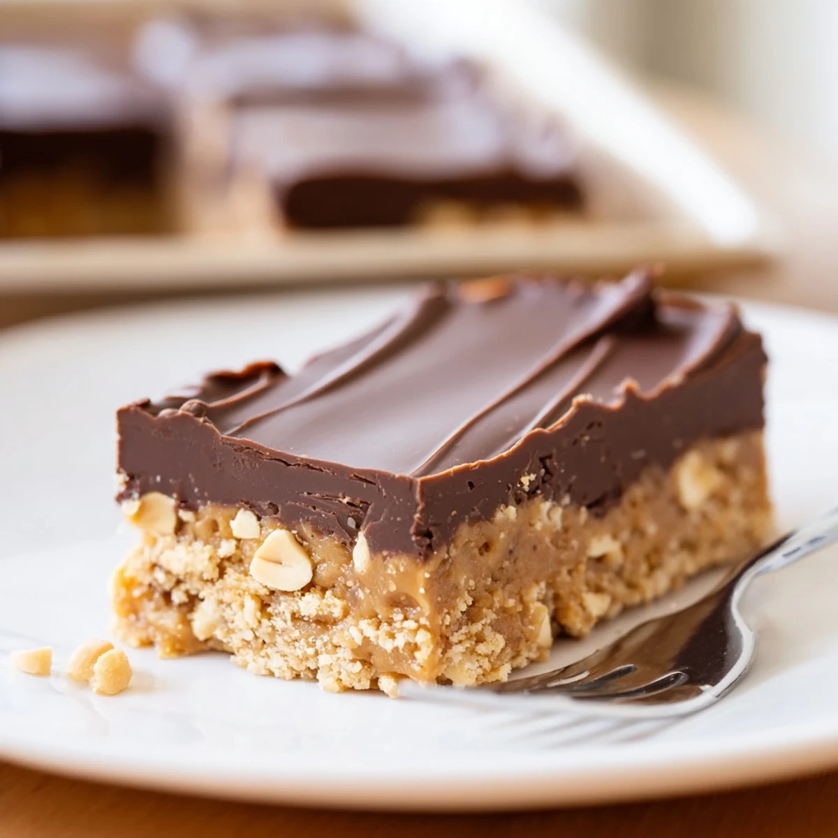 Stacked Peanut Butter Bars on plate, melted chocolate drizzle, perfect picnic treat
