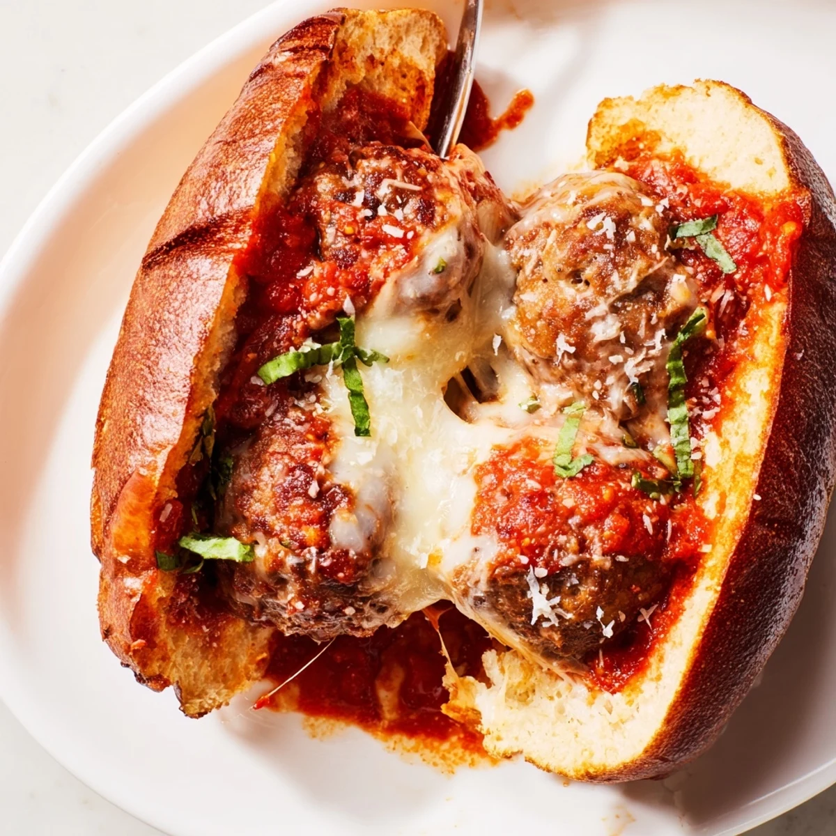Sliced Cheesy Meatball Subs leaning on parchment, steam rising, basil garnish