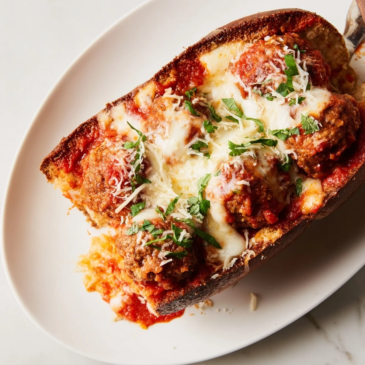 Cheesy Meatball Subs with bubbling mozzarella, glossy marinara, toasted golden sub roll
