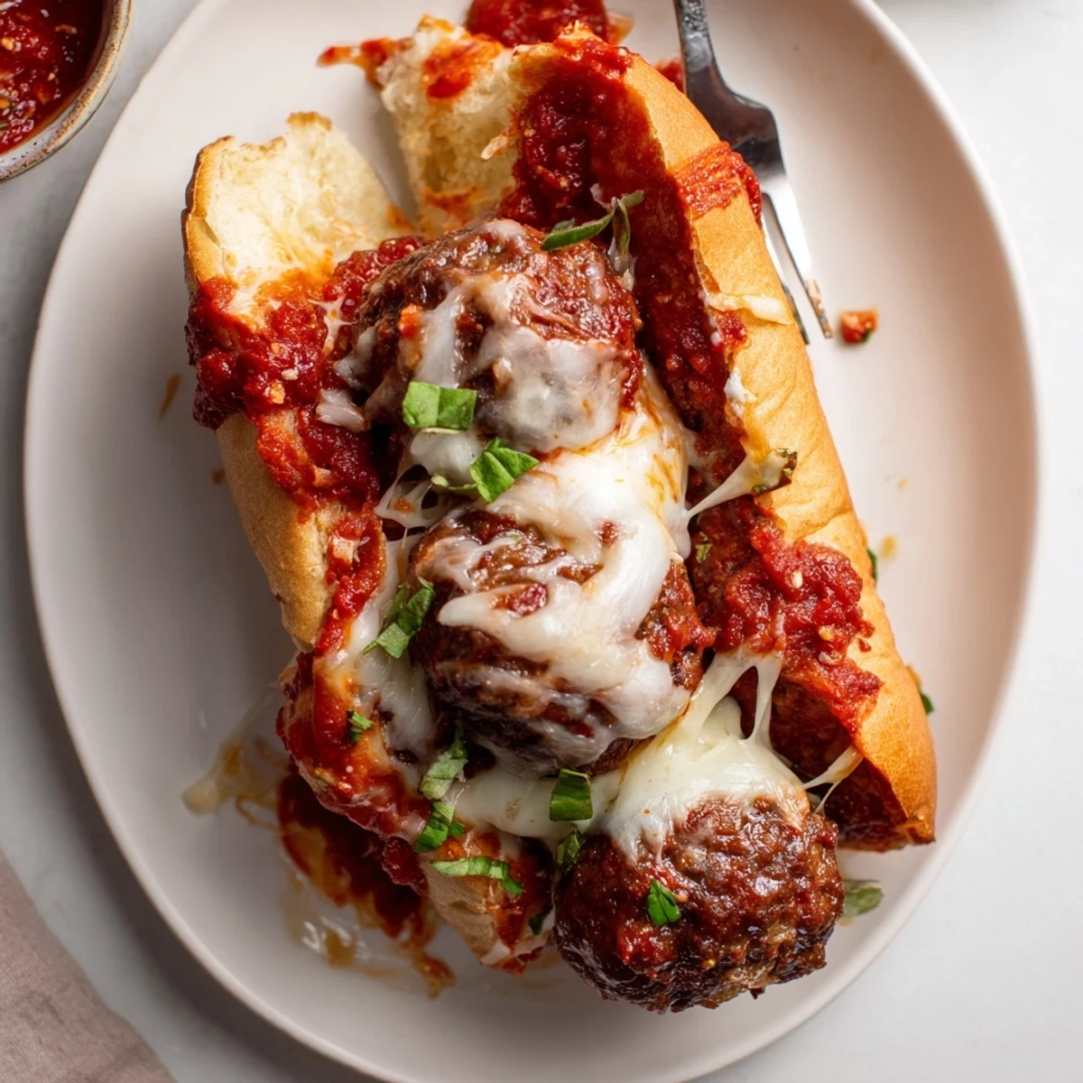 Cheesy Meatball Subs served hot with crunchy potato chips and fresh basil