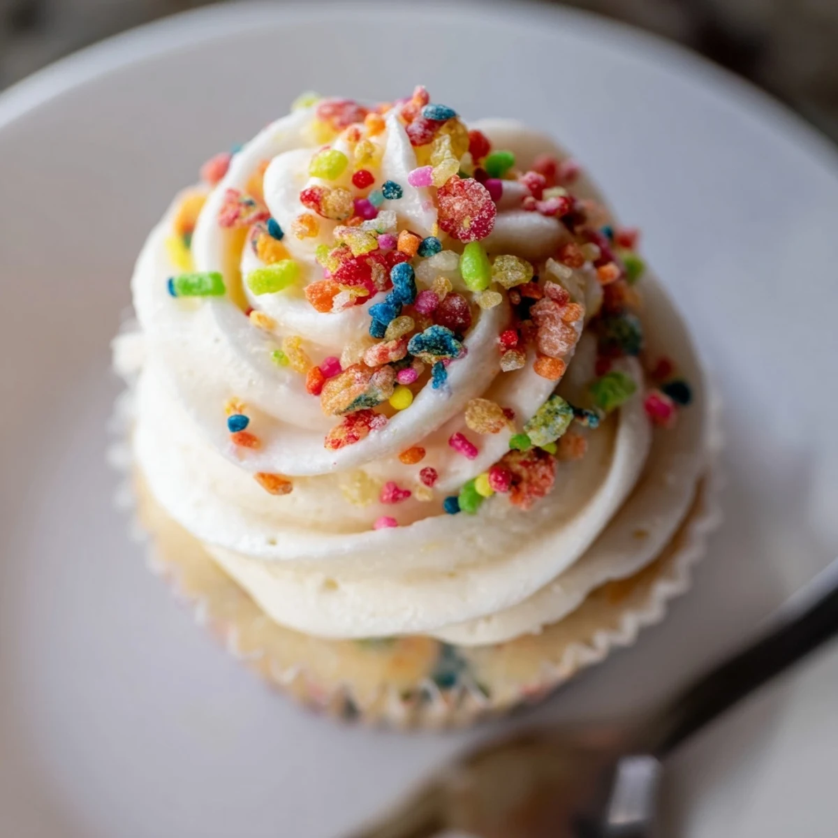 Fruity Pebbles Cereal Frosting swirled on vanilla cupcakes, glossy, crunchy garnish.