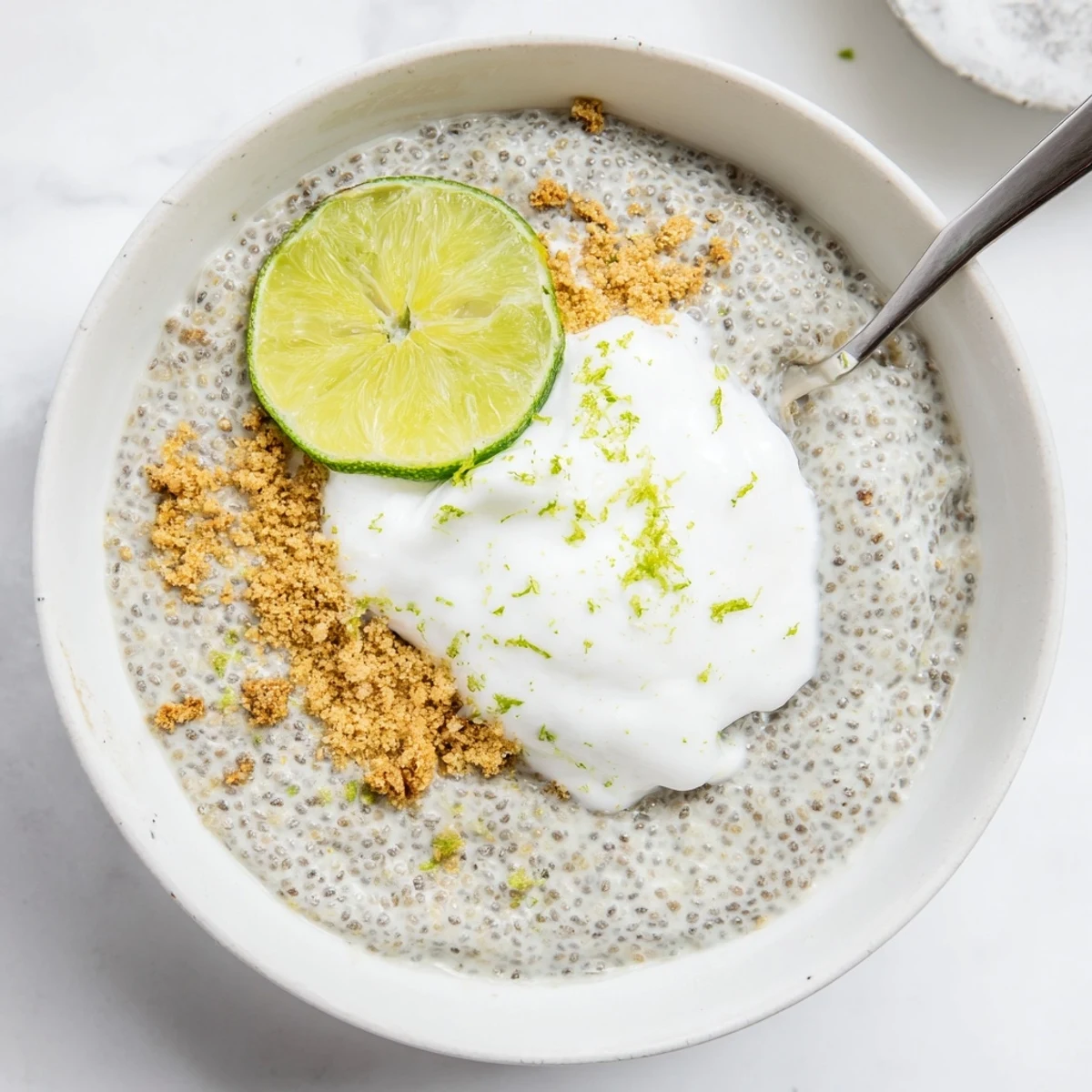Chilled Key Lime Chia Pudding topped with coconut yogurt and graham crumbs.