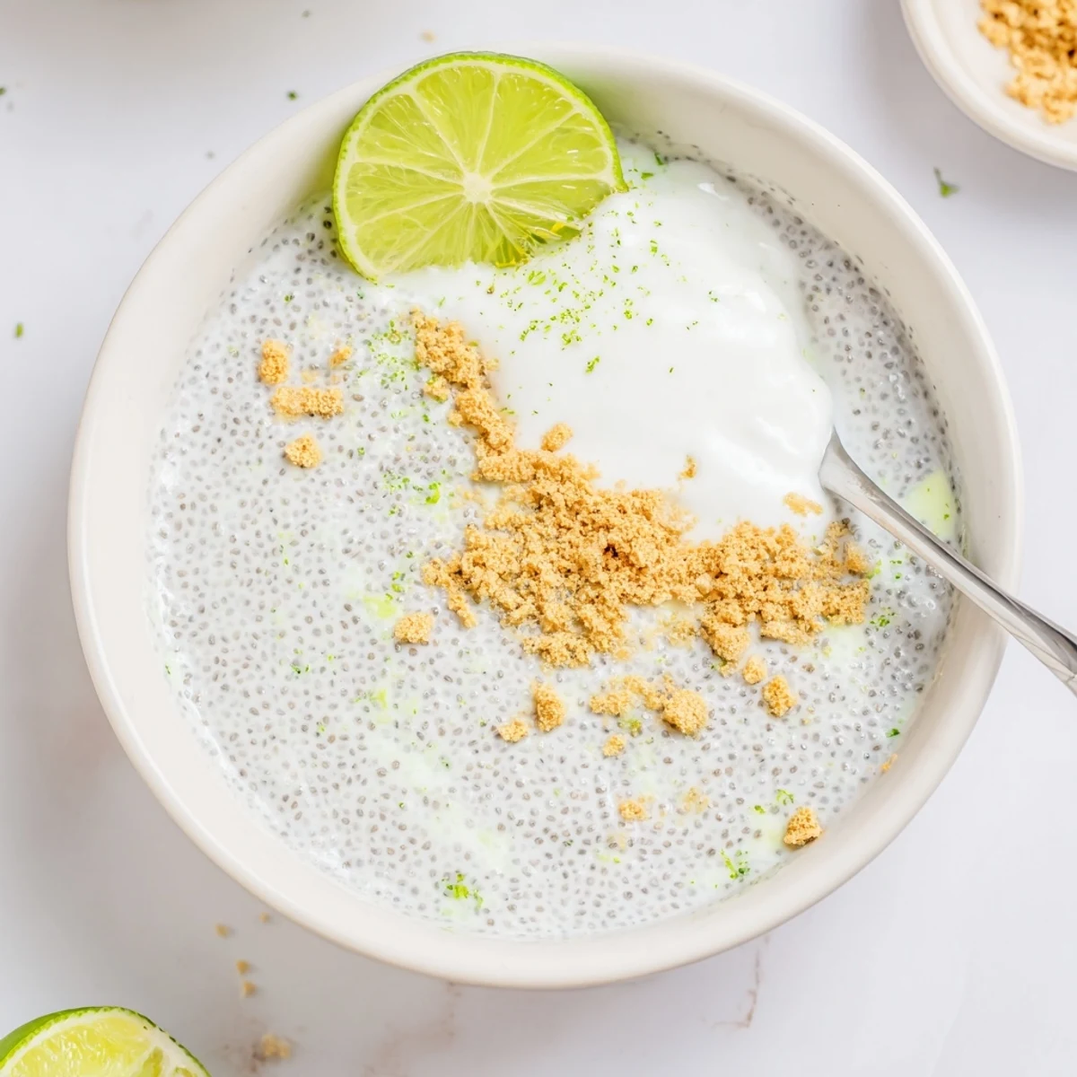 Tangy Key Lime Chia Pudding spoonful showing speckled chia seeds and zest.
