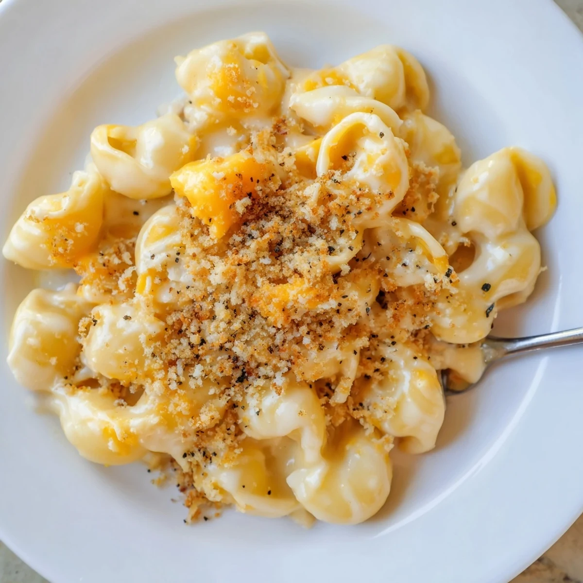 Creamy Mac And Cheese in a bowl, steam rising, golden breadcrumb topping.