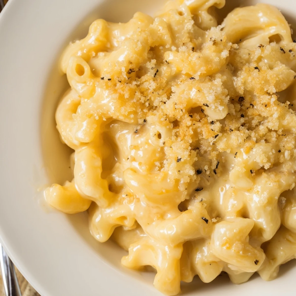 Baked Mac And Cheese with crispy edges, bubbling cheese, ready for family dinner.