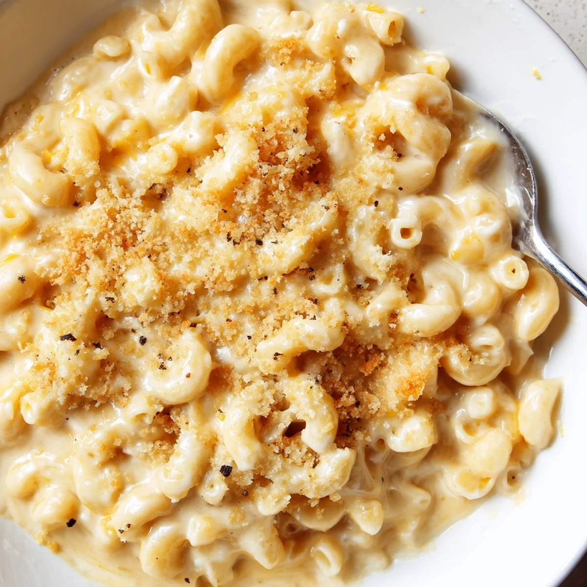 Velvety Mac And Cheese tossed with sharp cheddar, forkful showing gooey strands.