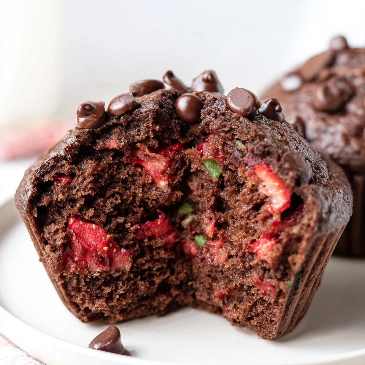 Warm chocolate zucchini strawberry muffins with melty chips on a rustic wire rack
