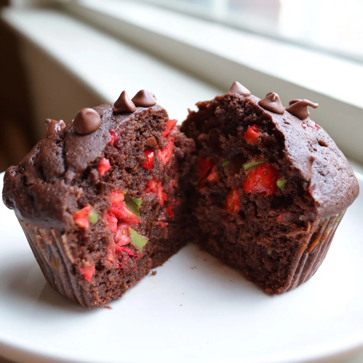 Golden-topped chocolate zucchini strawberry muffins with fresh strawberry pieces on a cooling rack