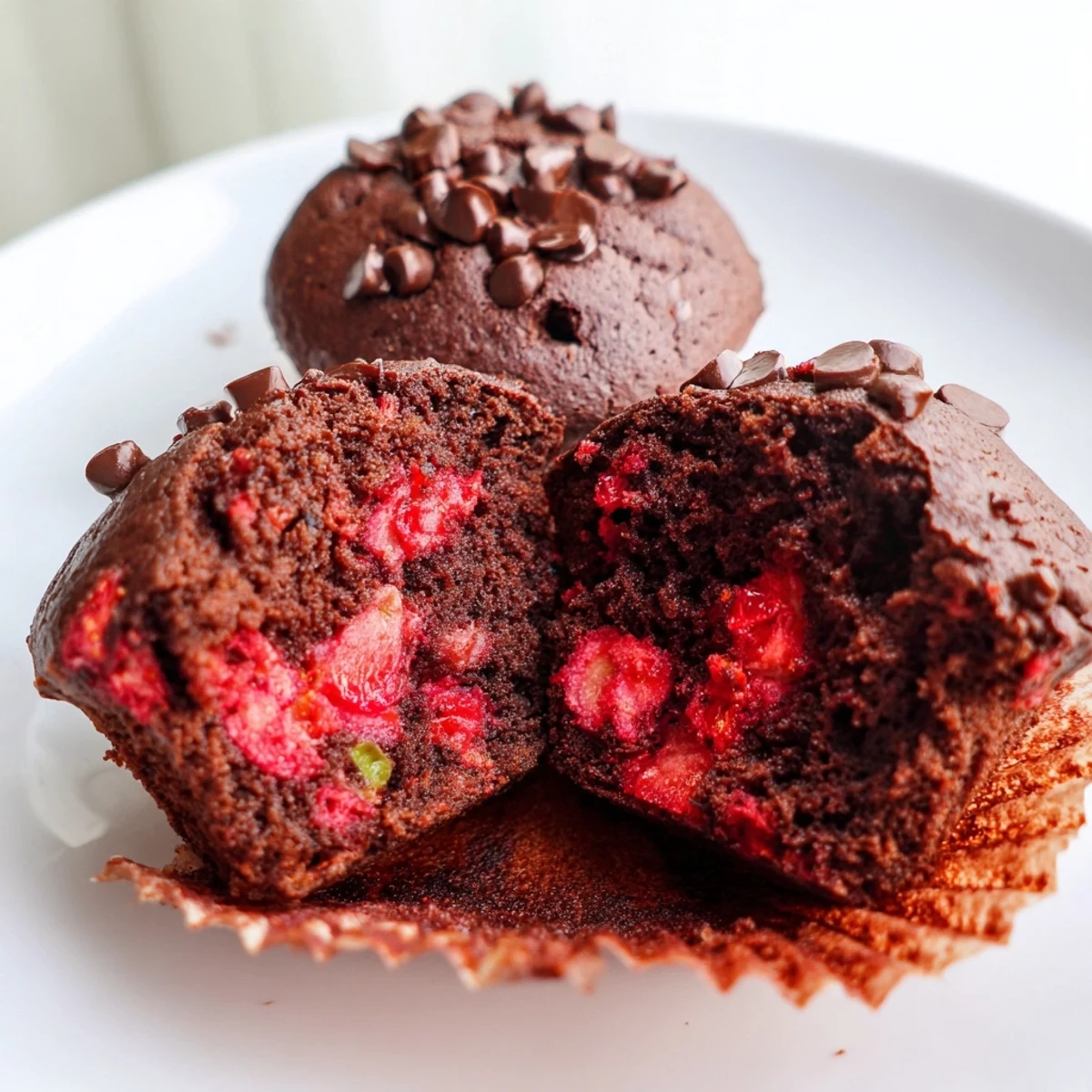 Dark chocolate zucchini strawberry muffins studded with juicy berries in a paper liner