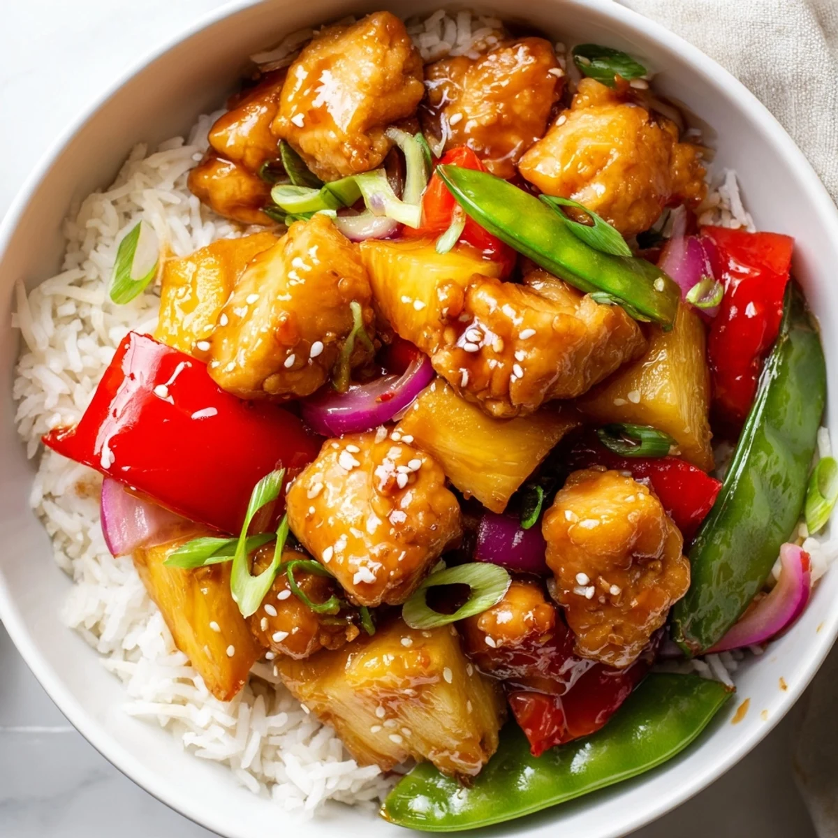 Golden pineapple chicken rice bowl topped with crisp vegetables and sesame seeds