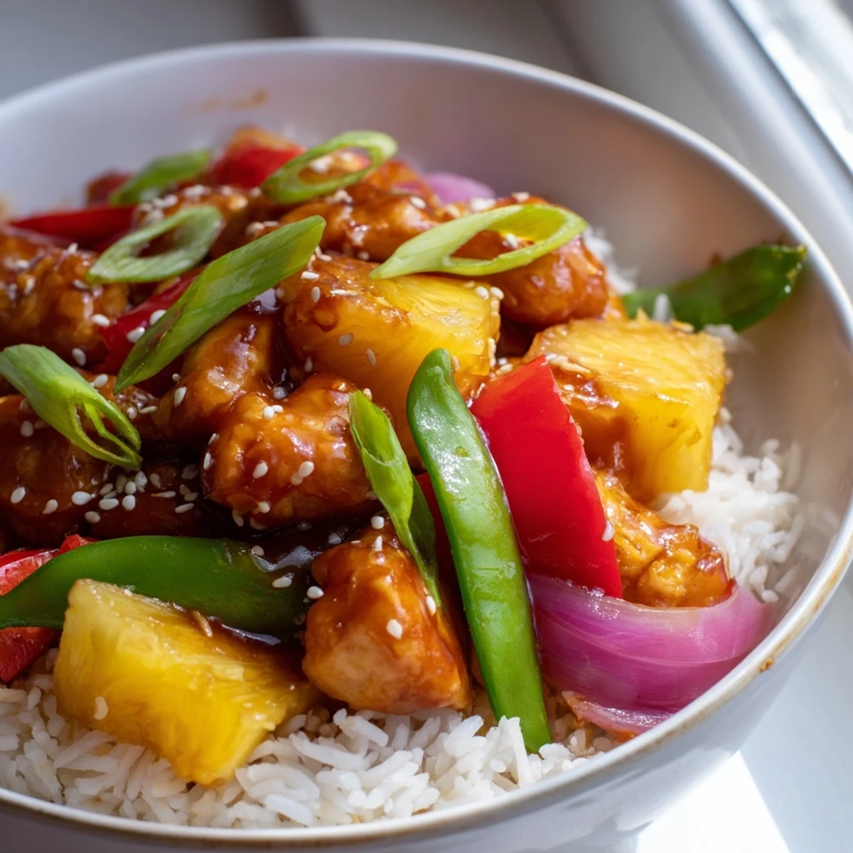 Tropical pineapple chicken rice bowl drizzled with sweet savory sauce and fresh scallions