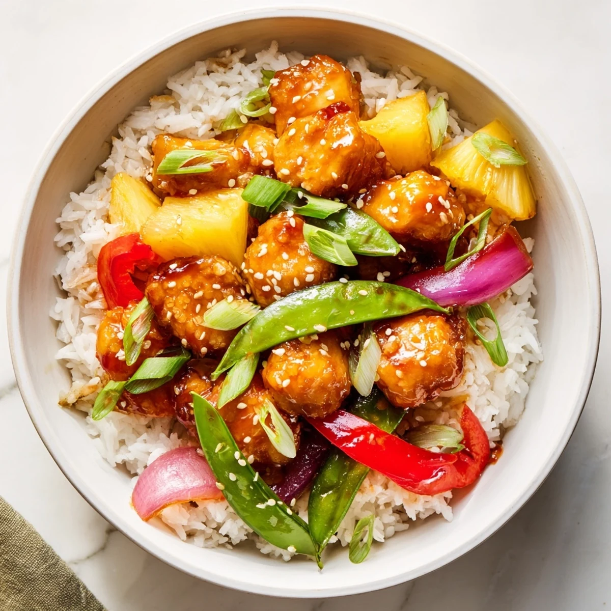 Juicy glazed pineapple chicken served over steamed jasmine rice with colorful stir-fried veggies