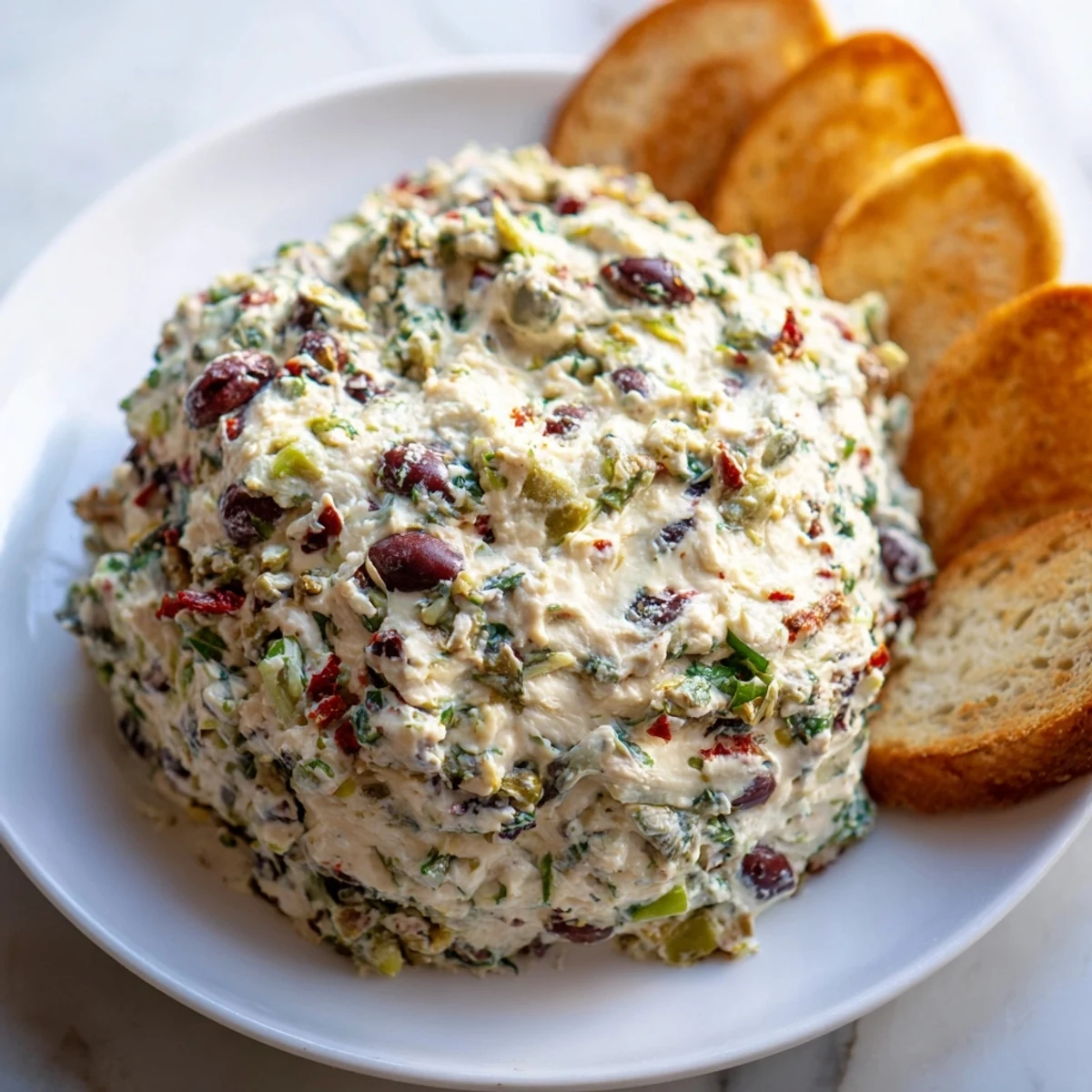 Creamy Italian Style Olive And Cheese Spread served on golden toasted crostini with fresh basil garnish