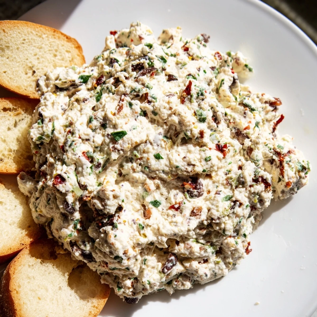 Spoonful of vibrant Italian Style Olive And Cheese Spread topped with sun-dried tomatoes and chopped olives