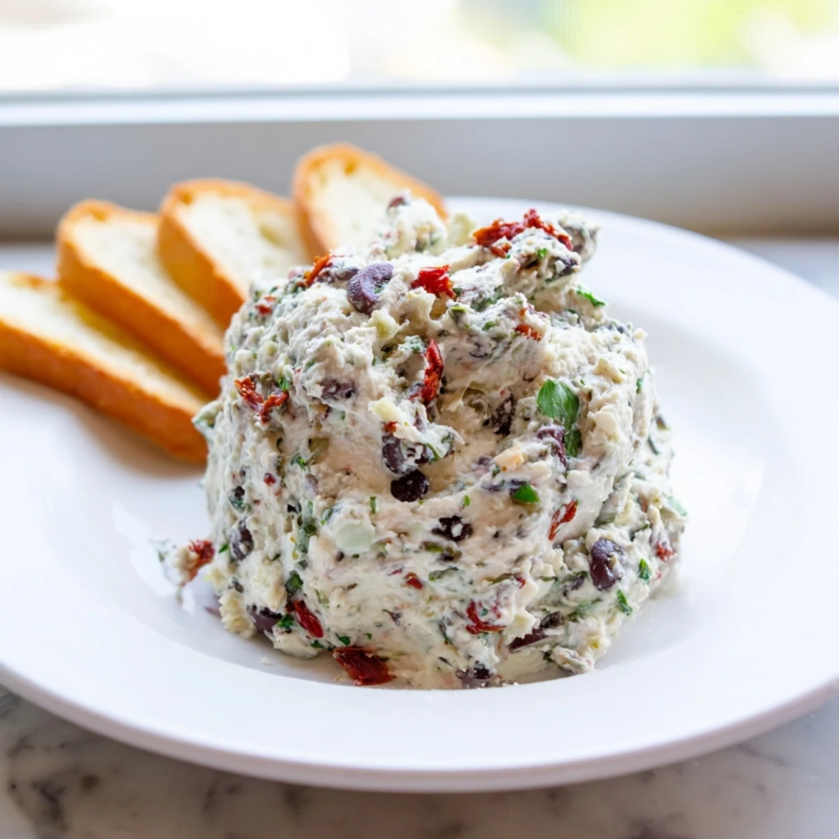 A rustic bowl of Italian Style Olive And Cheese Spread surrounded by crackers and vegetable sticks