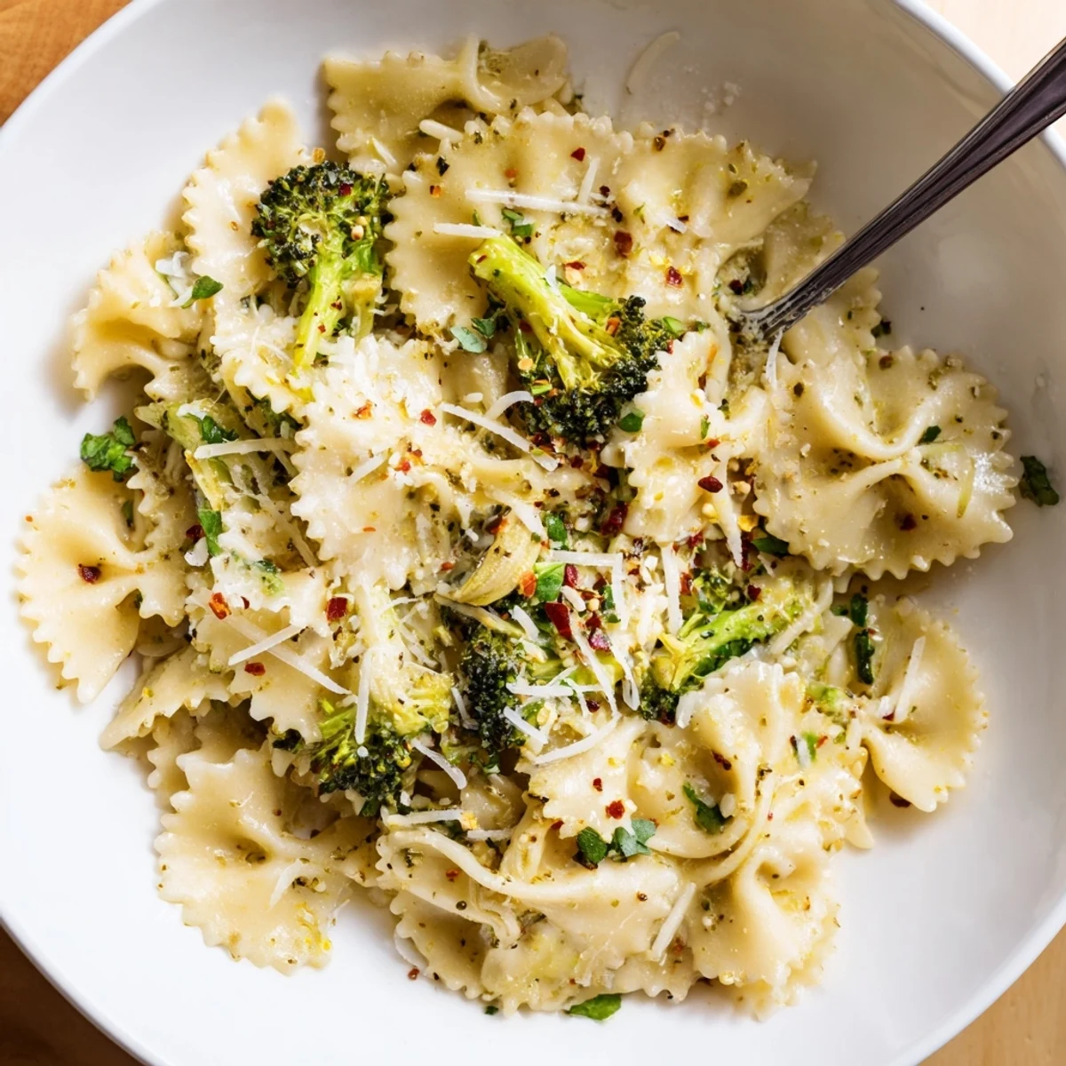 Steaming bowl of Mafaldine Limone Broccoli Pasta garnished with fresh basil and chili flakes