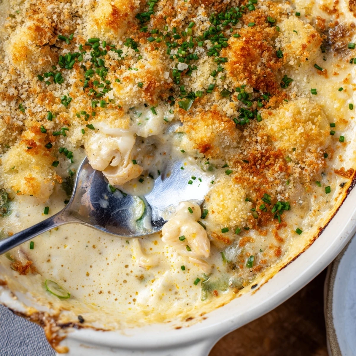 Golden baked cheesy jumbo lump crab au gratin served in a rustic dish