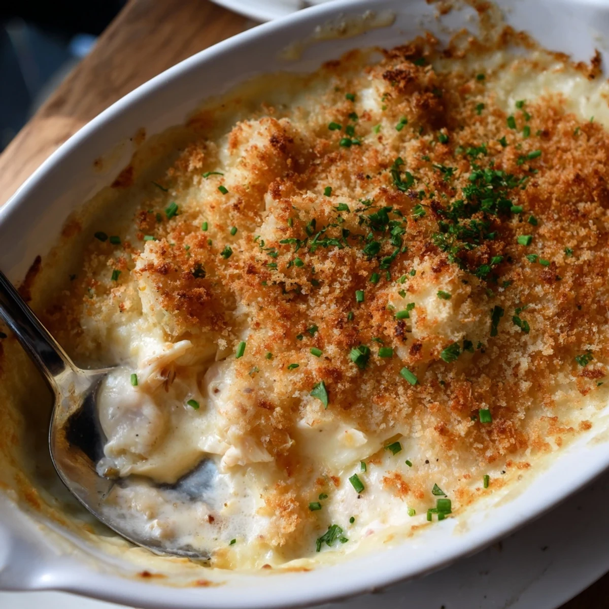 Creamy cheesy jumbo lump crab au gratin bubbling with a golden panko crust