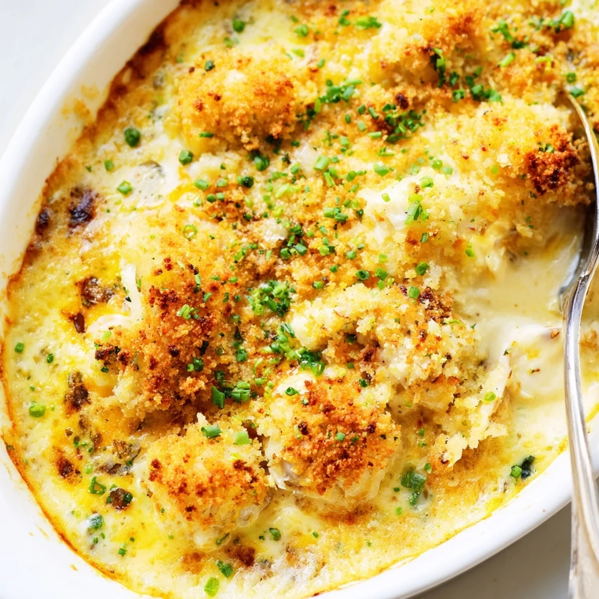Spoonful of cheesy jumbo lump crab au gratin with melted cheese and fresh parsley