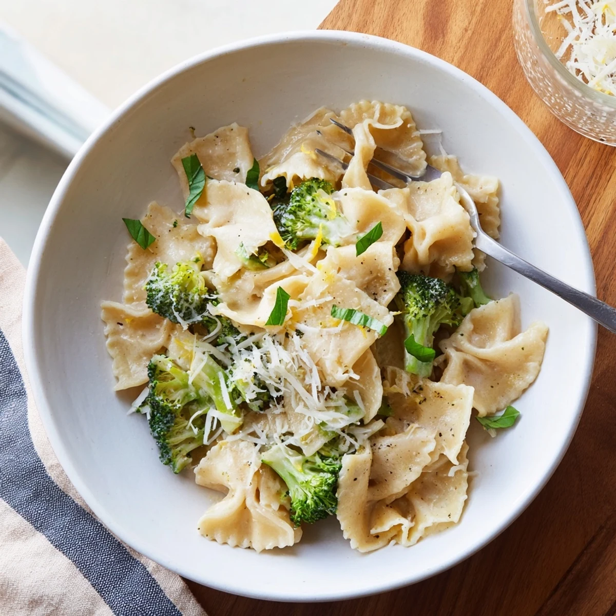 Creamy mafaldine pasta limone broccoli twirled in a bright lemon parmesan sauce