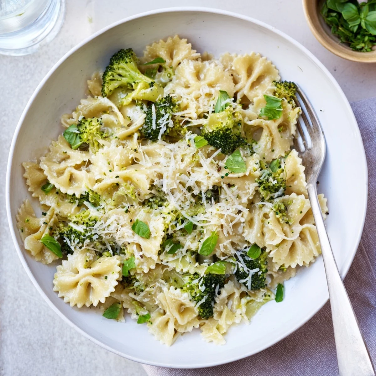 Tender broccoli and mafaldine pasta limone broccoli showered with fresh grated Parmesan