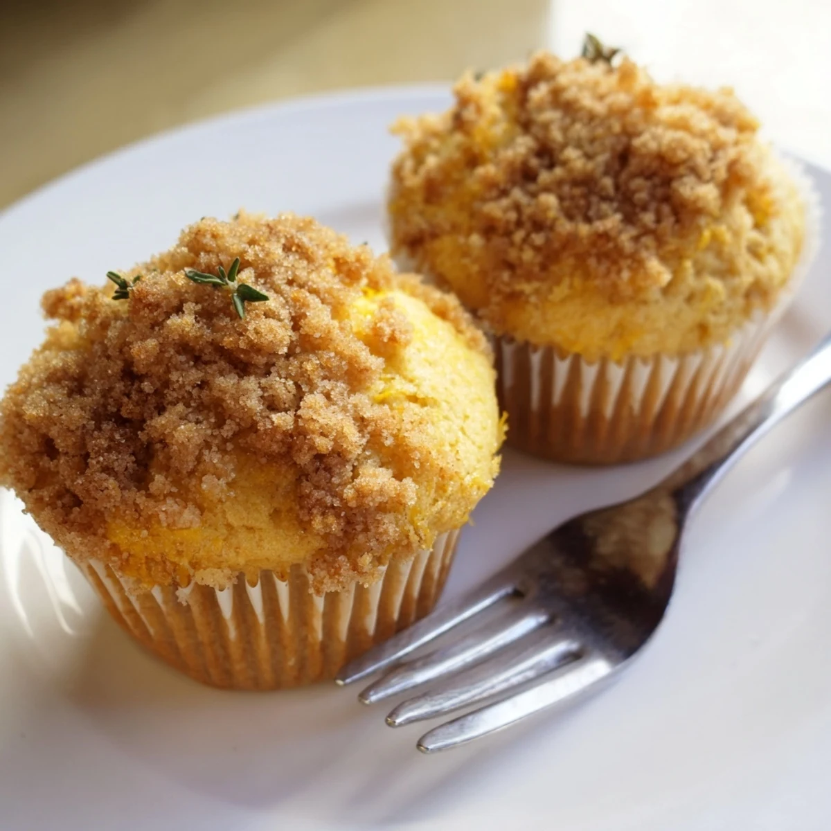 Warm lemon orange honey muffins topped with fragrant thyme crumble fresh from the oven