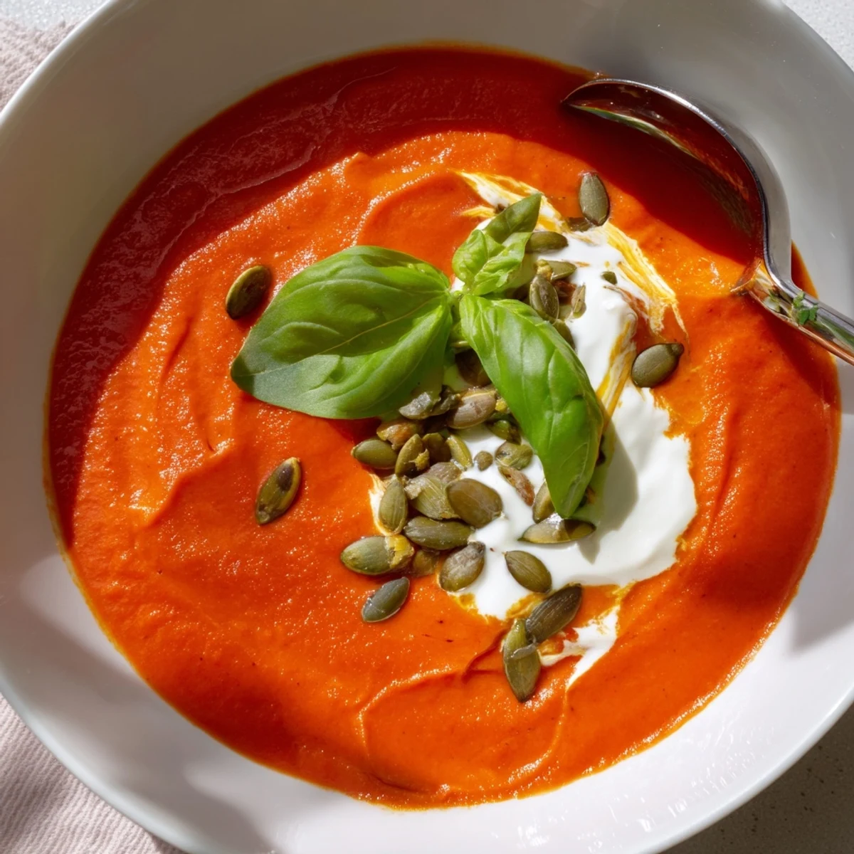 A steaming bowl of high protein tomato soup swirled with creamy Greek yogurt and topped with fresh basil leaves