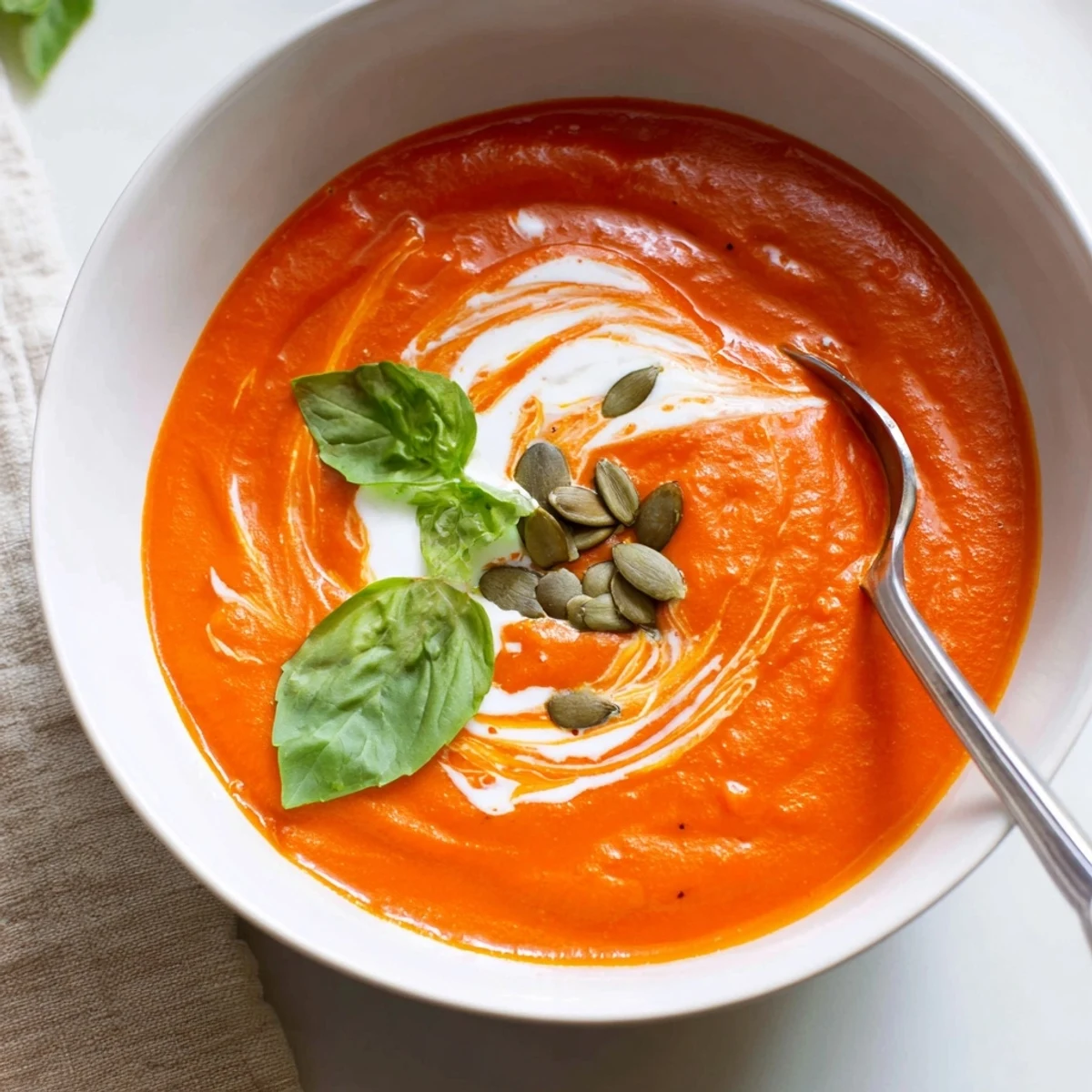 Velvety high protein tomato soup ladled into a white bowl garnished with pumpkin seeds and a yogurt drizzle