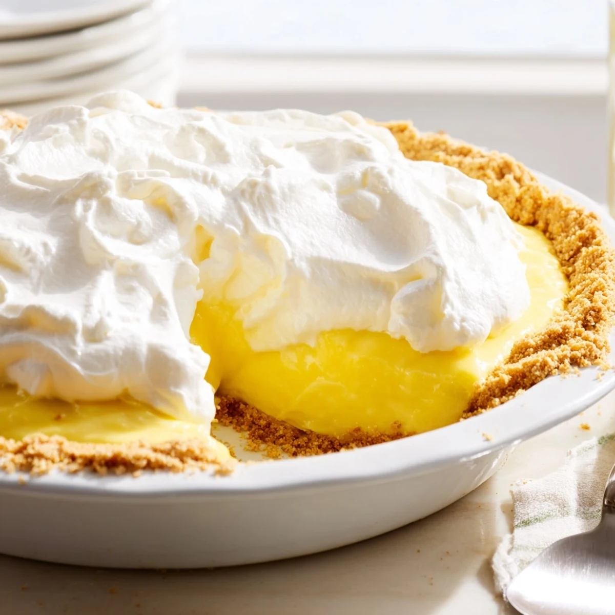 Silky Real Lemon Pie Recipe with golden graham crust and fluffy whipped cream topping