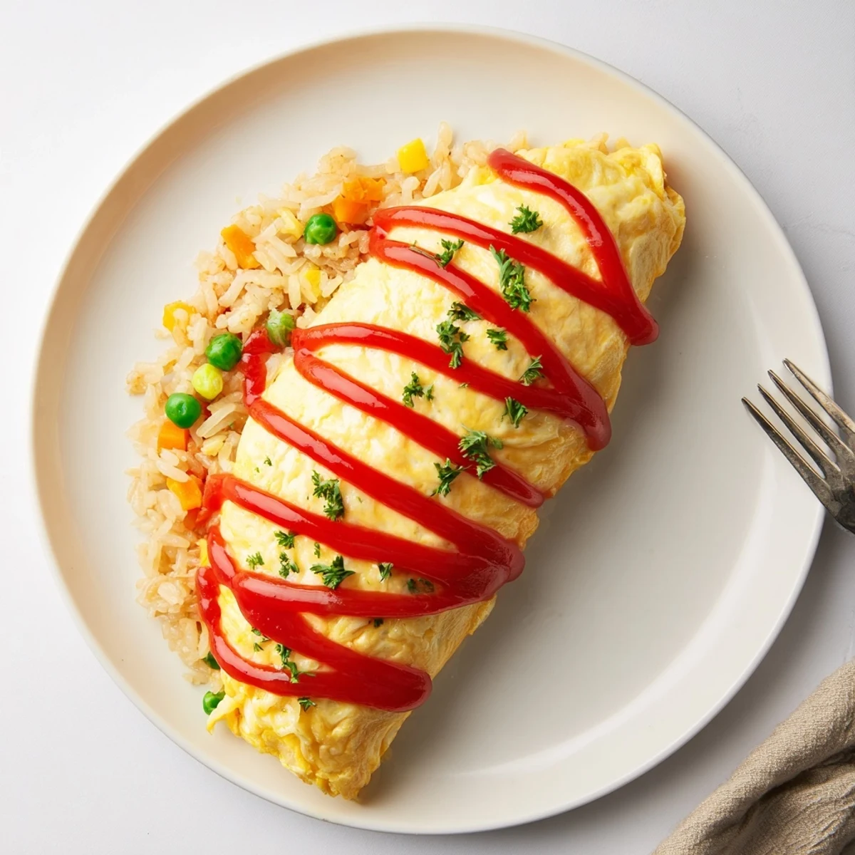 Golden omurice with ketchup-drizzled fluffy omelette wrapped over savory chicken fried rice