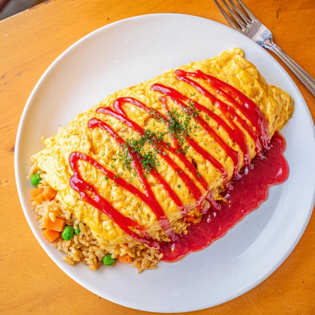 Creamy omurice served on a plate with tender egg blanket and steaming vegetable rice