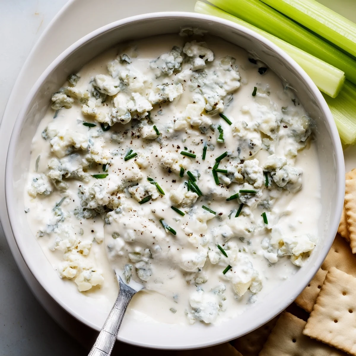 Thick and tangy blue cheese dip topped with crumbles and fresh chopped chives
