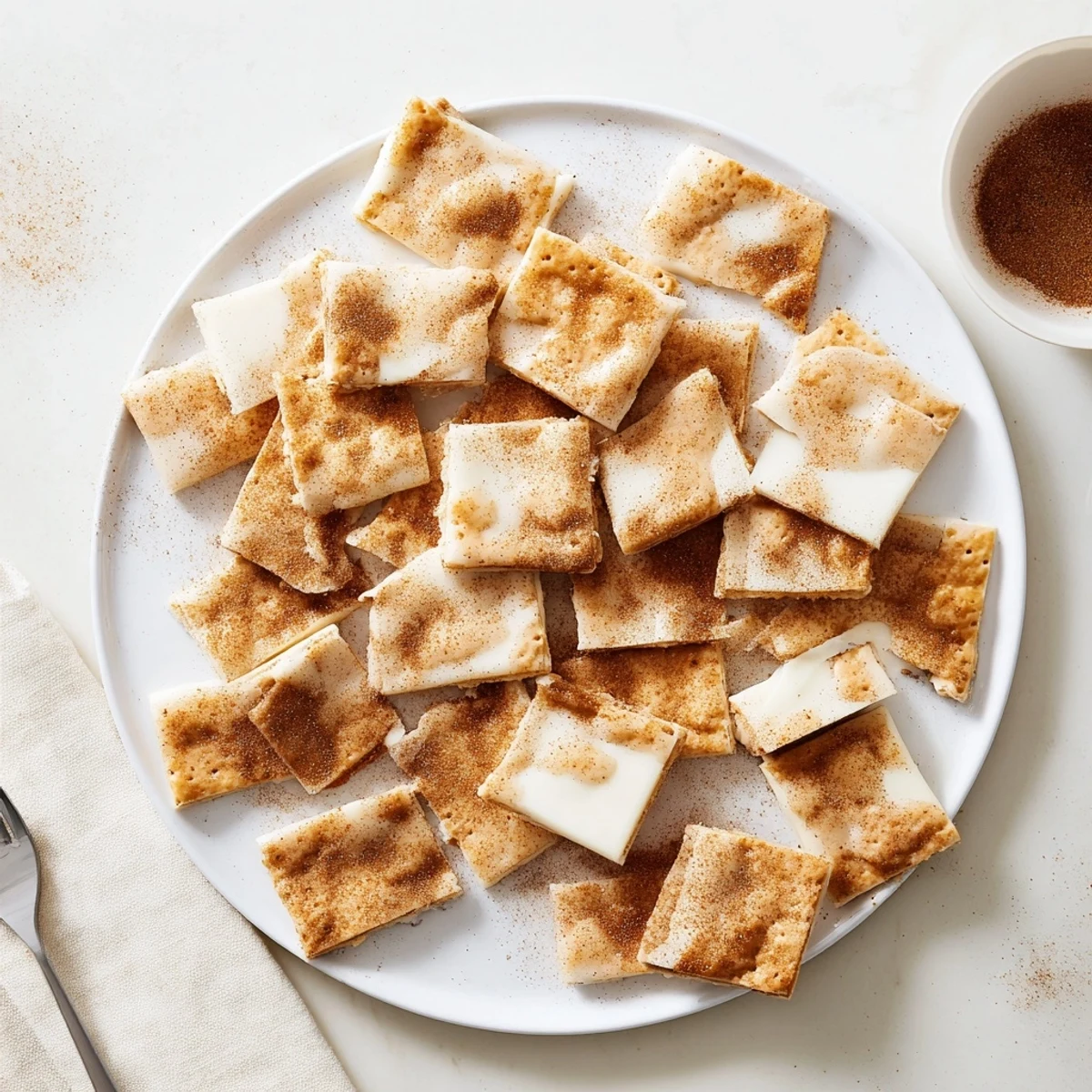 Crunchy Churro Saltine White Toffee with melted white chocolate and cinnamon topping, broken into shareable squares.