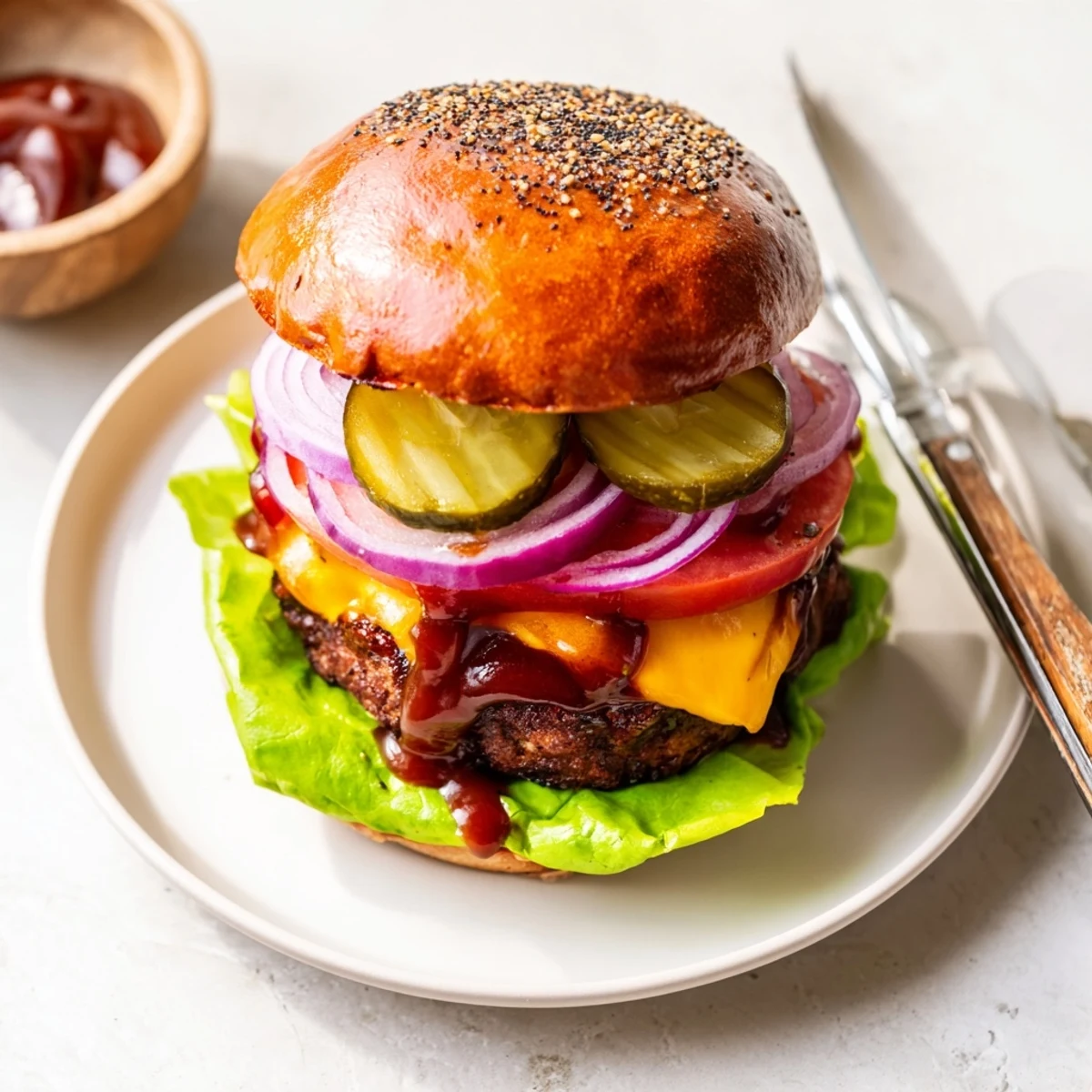 Close-up of coffee rub burgers dripping with tangy smoky BBQ sauce and melted cheddar