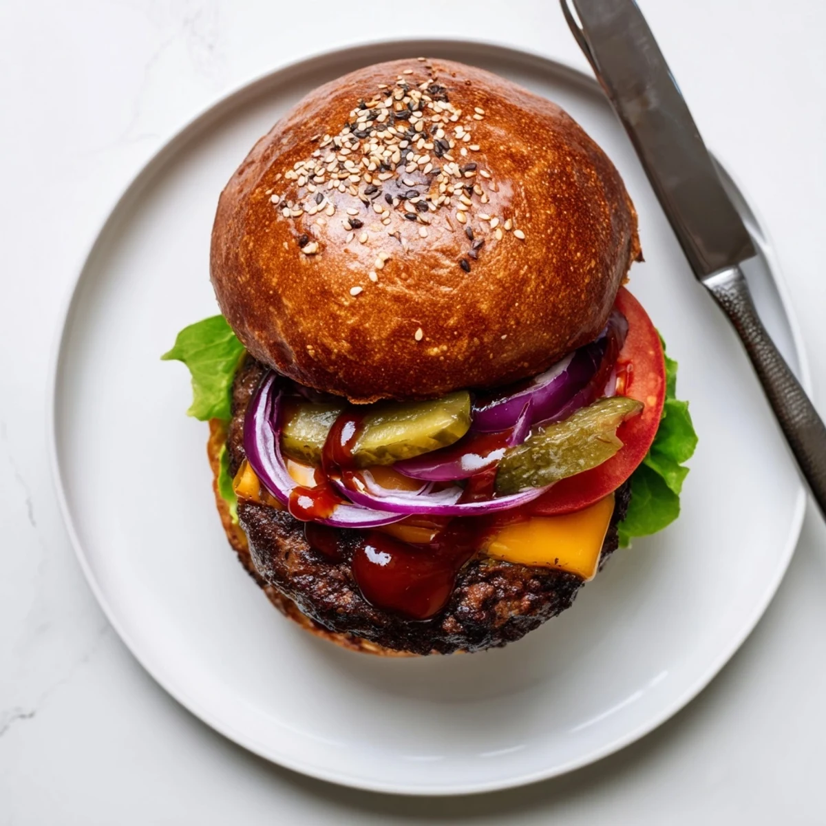Grilled coffee rub burgers topped with pickles lettuce and rich smoky BBQ sauce