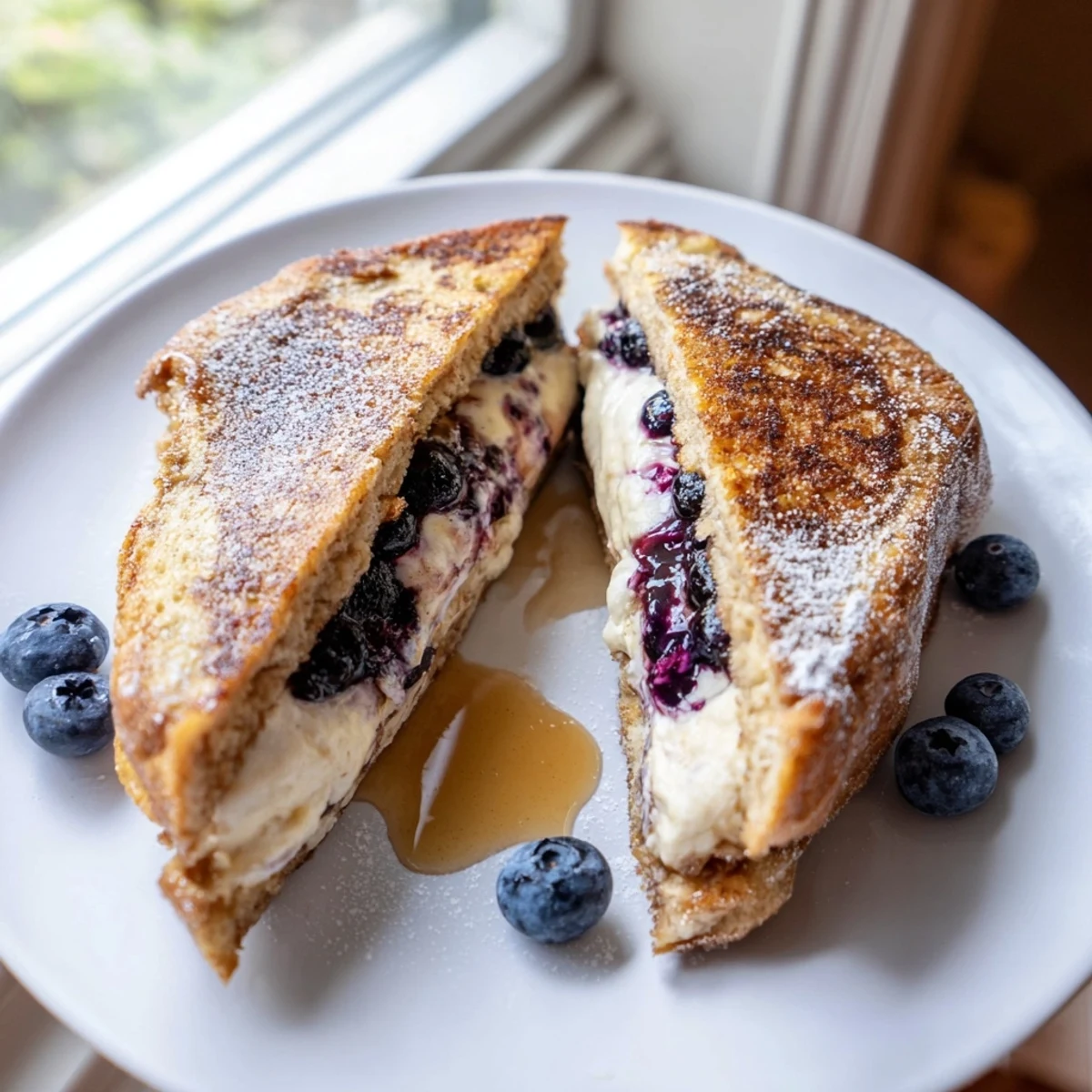 Golden brown blueberry cheesecake stuffed French toast drizzled with maple syrup on a white plate
