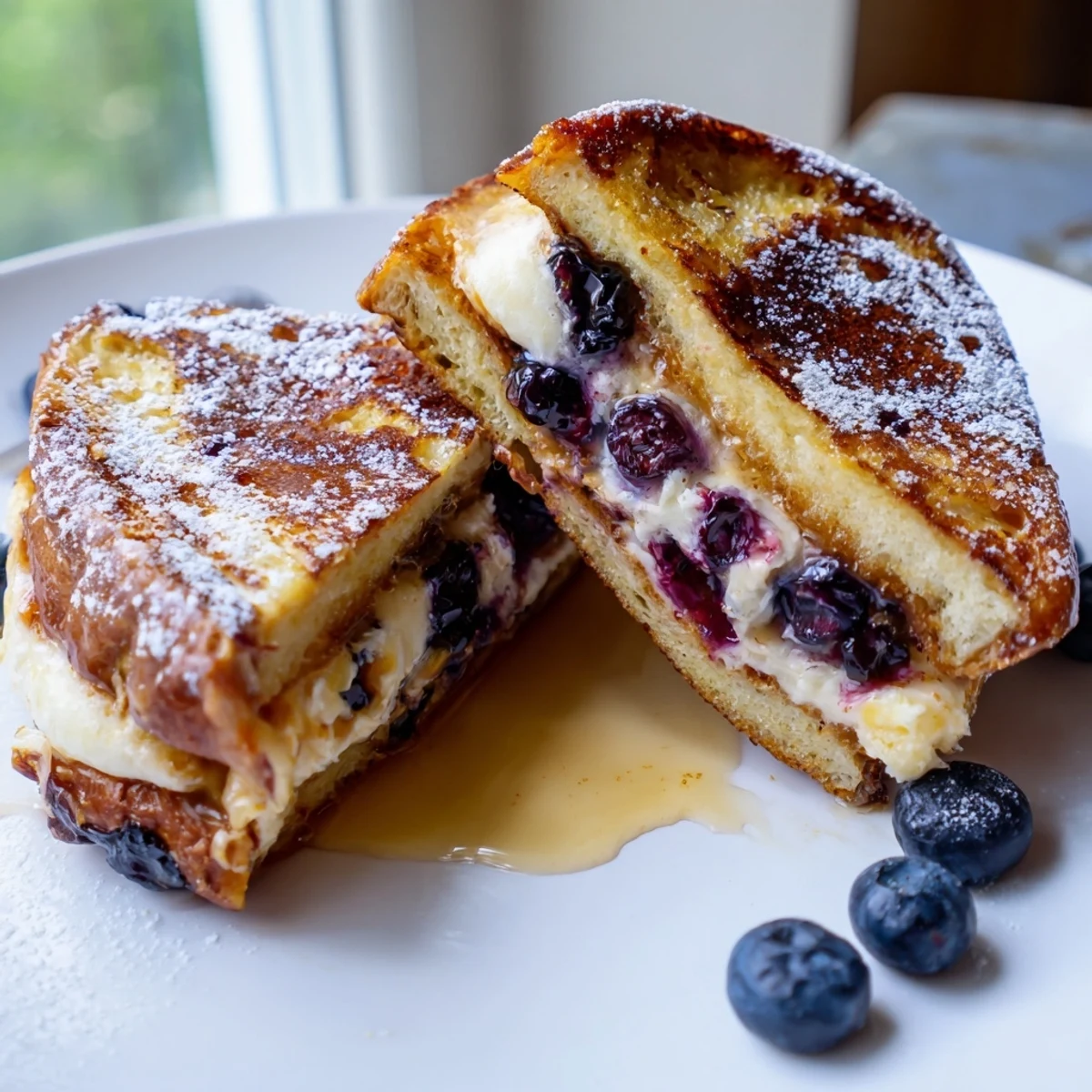 Thick brioche blueberry cheesecake stuffed French toast topped with fresh berries and whipped cream