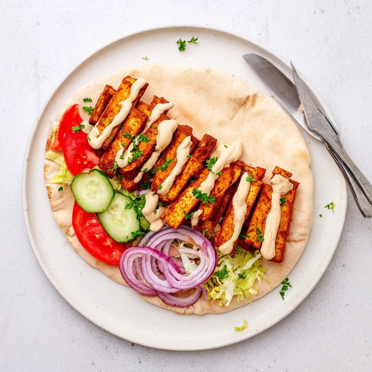 Golden tofu shawarma strips nestled in warm pita with crisp veggies and creamy tahini sauce