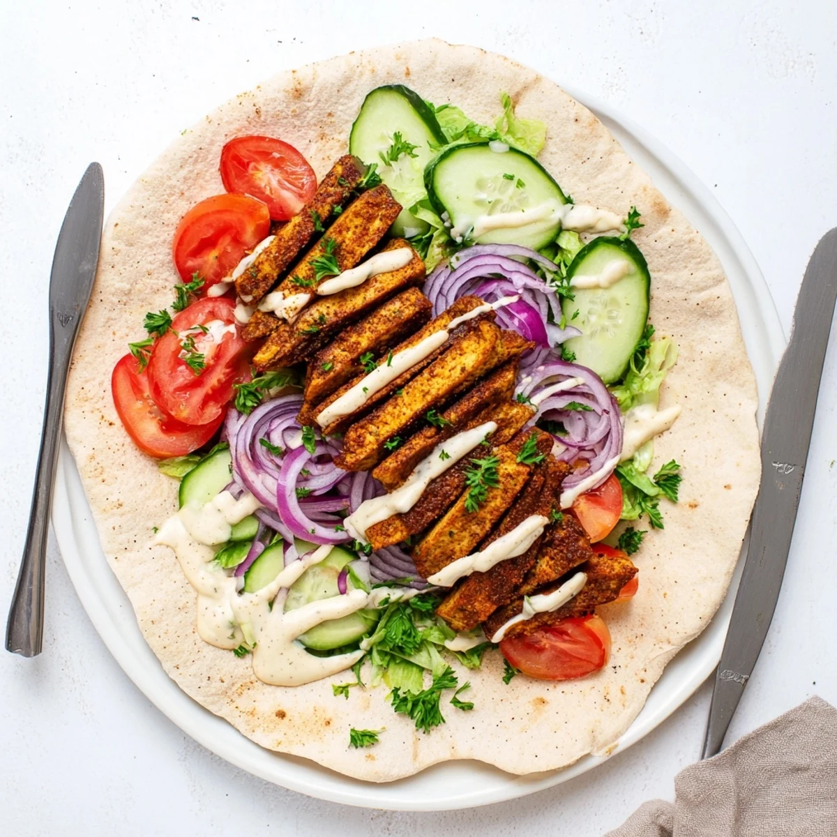 Spiced tofu shawarma served on a platter with fresh cucumber, tomato, and herb garnish