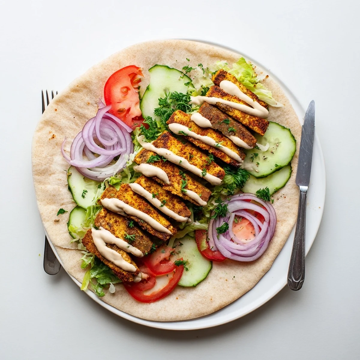 Crispy marinated tofu shawarma wrapped in soft flatbread, drizzled with lemon tahini and sprinkled parsley